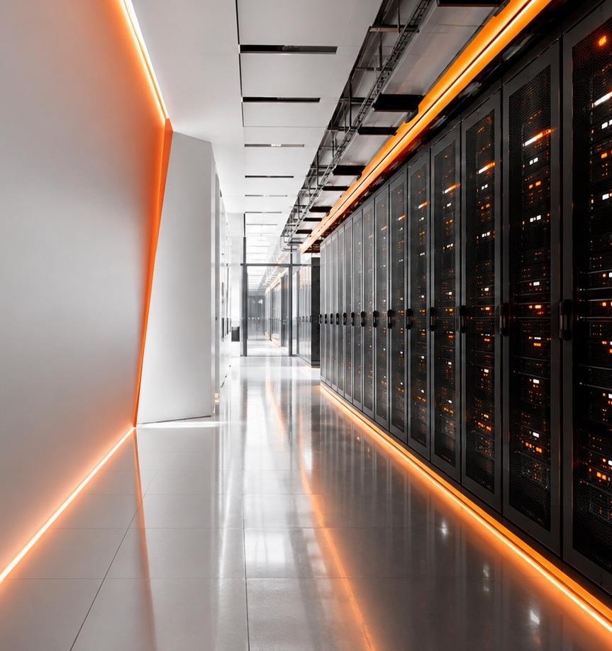 Illuminated data center corridor with server racks